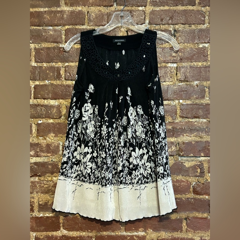 Notations Black and Cream Pleated Embellished Tank Top Size S